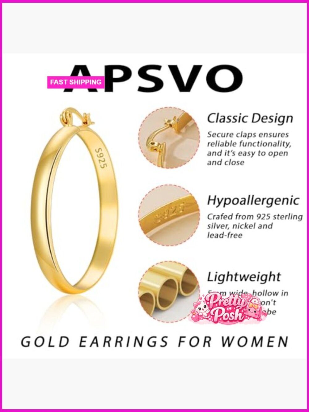14K Gold Plated/Silver Hoop Earrings, 5mm Wide, Hypoallergenic 925 Sterling - Picture 6 of 7